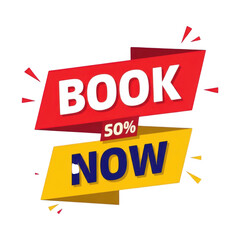 Bold red and yellow "book 50% now" graphic with explosive elements for promotions and sales transparent background
