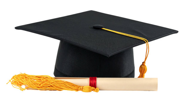 Graduation A mortarboard hat with a golden tassel sits above a rolled diploma tied with a red ribbon