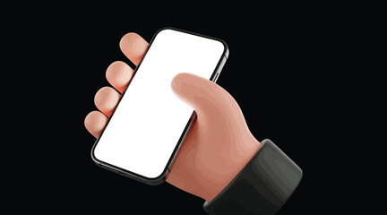 Vector art of cartoon hand holding smartphone with blank screen isolated on 3d render of hand holding mobile phone mockup of smartphone in hand modern device concept