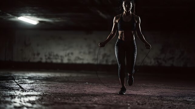 An athletic woman engages in intense jump rope training in a dimly lit industrial urban space