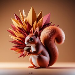 Autumnal Squirrel with Acorn and Paper Foliage Illustration.