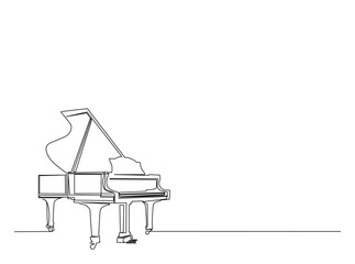 Classic Grand Piano in single outline illustration. Continuous line art drawing of Grand Piano, musican equipment. Editable stroke.