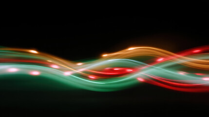 Abstract light wave on black background with glowing motion. Vibrant green, red, and colorful energy create futuristic and dynamic flow with magical feeling