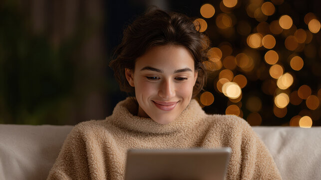 Happy young woman smiling while using tablet at home during cozy evening. Christmas tree with bokeh lights creates festive holiday atmosphere in background - Powered by Adobe