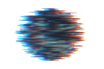 Glitch art sphere with colorful digital data pixel distortion effect and vcr noise on transparent background