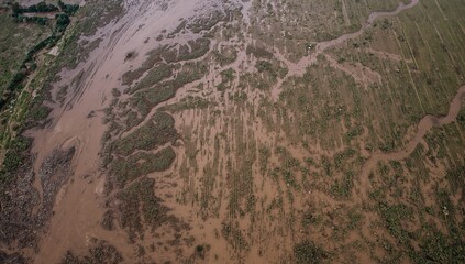 Bird's-eye perspective of vast farmland inundated after intense seasonal rainstorm. Crops covered by turbid floodwater due to river overflow, impacting a broad countryside region.