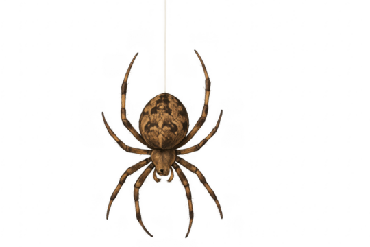 Brown spider hanging on web string transparent background