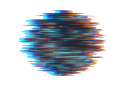 Glitch art sphere with colorful digital data pixel distortion effect and vcr noise on transparent background