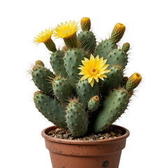 Prickly Pear Cactus In A Brown Pot Showcasing Multiple Vibrant Yellow Blossoms And Buds Against A Stark Transparent Background