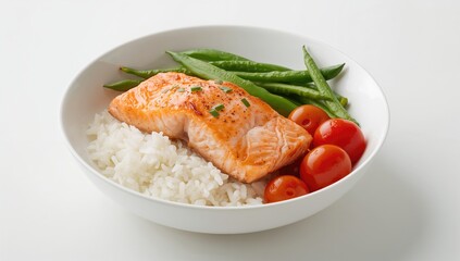 Baked salmon fillet served with rice, green beans, and tomatoes in a lunch bowl. Nutritious meal.