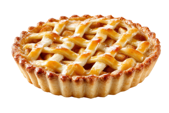 Golden brown lattice top apple pie with flaky crust on black dessert pastry, Isolated On Transparent Background, Png Cut Out