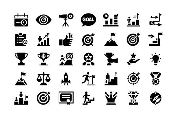 Goals and Targets Icon Set Vector Illustration | Achievement, Success, Business Strategy, and Personal Development in Monochrome Glyph Style