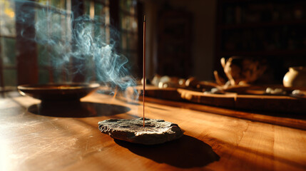 Peaceful Incense Smoke on Rustic Wooden Table: Tranquil Vintage Decor for Aromatic Meditation and Relaxation