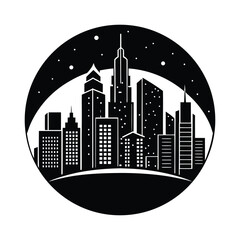 City skyline vector illustration of urban buildings at night