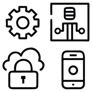 Set of technology icons including gear cloud lock sim card and smartphone ui elements vector