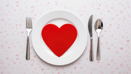 Overhead shot of heart-shaped dish with spoon and fork on a table, Valentine's theme
