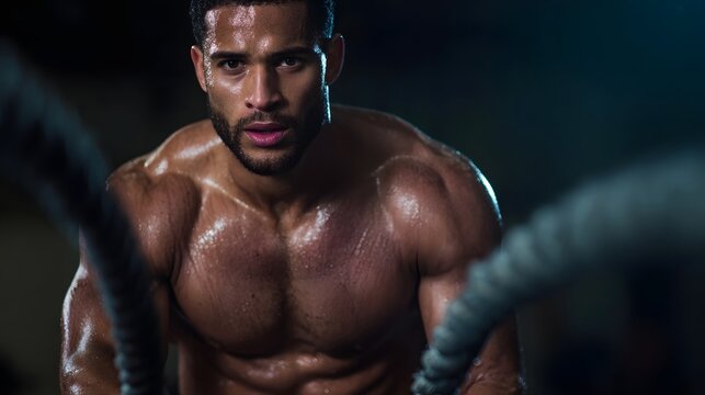 Intense muscular man with sweat glistening as he powerfully swings battle ropes during a vigorous gym workout