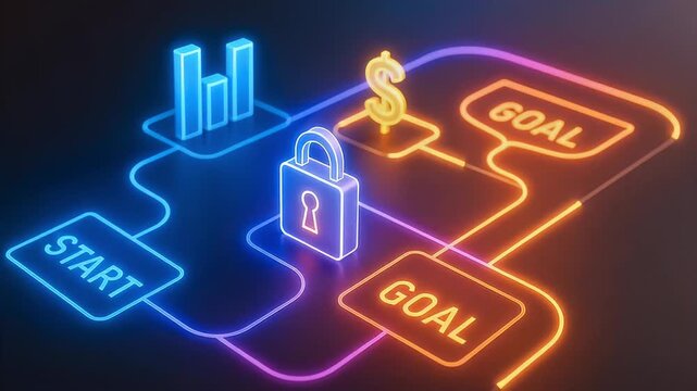 Neon start path with lock and dollar icon leading to two goal nodes glowing circuit roadmap showing progress and security. neon business roadmap from start to multiple goal nodes with padlock