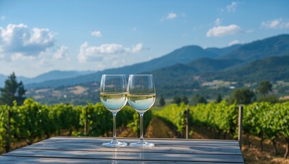 Pair of white wine glasses set against a scenic mountain backdrop