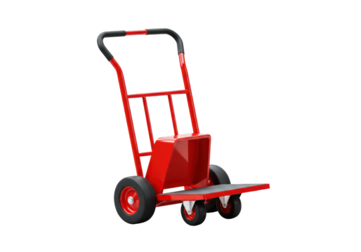 Isolated red dolly cart for transport, moving heavy goods, industrial equipment