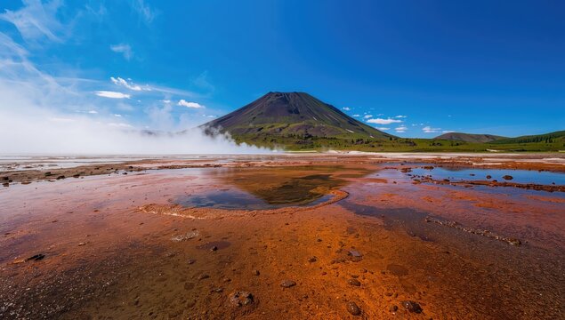 Volcanic geysers erupting on Mutnovsky's slopes