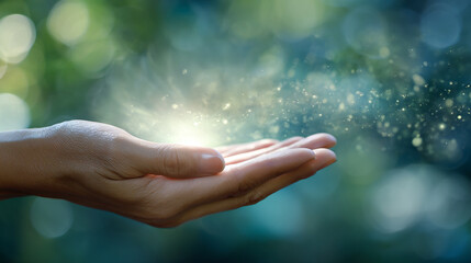Hand Holding Ethereal Sparkle Light: Illuminated Magic & Mystical Glow, Bright Energy of Nature & Spiritual Wellness