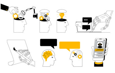 A set of cartoon-style vector illustrations. A human hand inserts mechanisms into an artificial intelligence head. An open head with mechanisms.The theme is artificial intelligence training.
