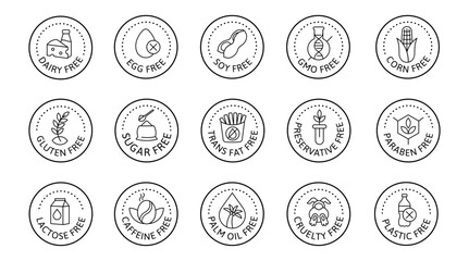 Allergen-Free Icon Set. This is Food symbols, Line Art Badges for Label Organic Products