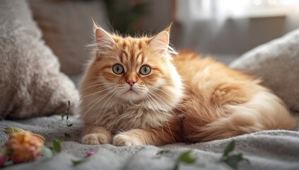 Adorable furry feline in a natural setting, animal close-up, charming eyes, cozy indoor scene, playful and youthful pet