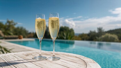 Two flutes filled with bubbly prosecco resting on a white wooden surface beside a pool during summertime.