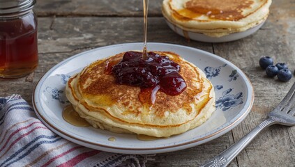 Rustic wooden table holds homemade pancakes glazed with honey and crowned with blueberry jam