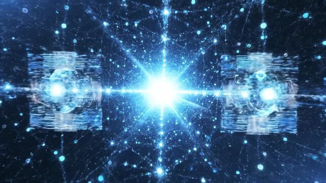Cinematic 3D scene of AI neural data flow, abstract glowing nodes and connections