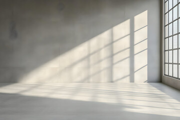 Obraz premium Sunlight streaming through a large window casting geometric shadows on a concrete wall and floor.