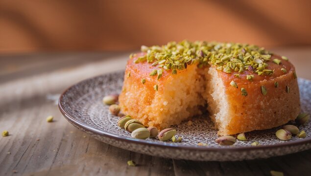 Traditional semolina dessert topped with pistachios