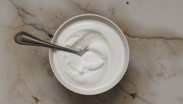 Tasty and wholesome fresh plain yogurt presented on classic marble surface