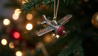 Close up of airplane ornament hanging on Christmas tree with bokeh background