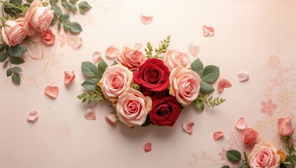 Floral heart design with roses and natural elements for a decorative backdrop