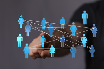 Abstract concept of online connection, communication, social media, networking, global community with a person's hand touching digital icons