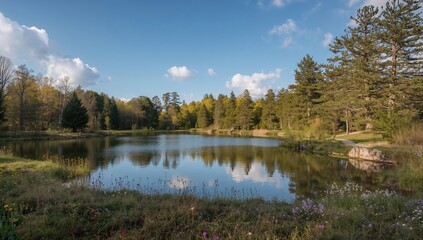 Fototapeta premium Scenic stroll by the tranquil lake surrounded by natural beauty and lush greenery