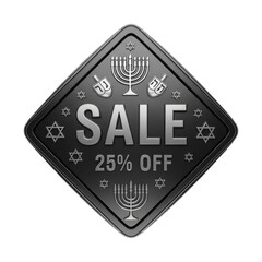 Black hanukkah sale badge isolated on transparent background featuring dreidels, menorahs, and stars of david, offering a 25 discount on festive items