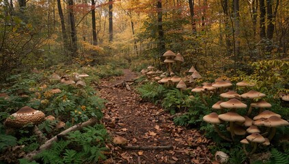 Beautiful autumn forest with mushrooms and fungi