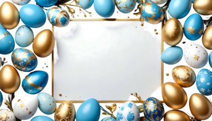 Easter frame surrounded by adorned blue, gold, and white eggs on a textured background with golden accents
