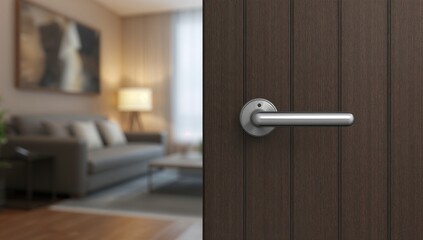 Obraz premium Electronic door handle on wooden door with blurred living area in background