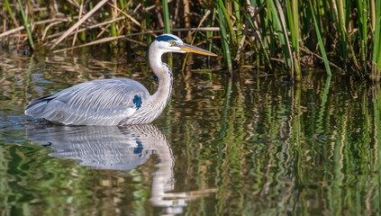 Naklejka premium Color photograph of a heron standing in shallow water with its reflection and nearby reeds visible, gazing sideways towards the camera.