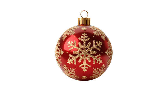 red christmas ball ornament, shiny red bauble with golden snowflake pattern