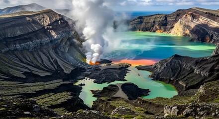 Volcanic crater lake with colorful water and steam rising from volcano
