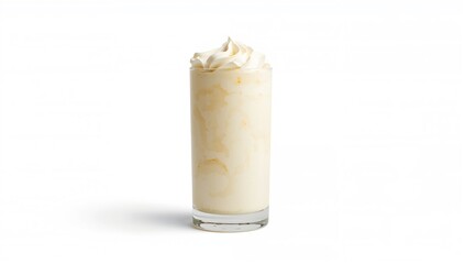 High glass packed with creamy milkshake on a plain white backdrop