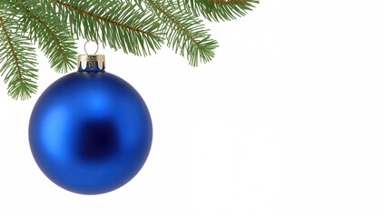 Dark blue Christmas tree ornament on a white backdrop. Festive blue bauble for holiday designs.