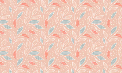 Hand drawn seamless botanical pattern with stylized leaves and dots, Vector floral background in pastel peach, blue, and coral