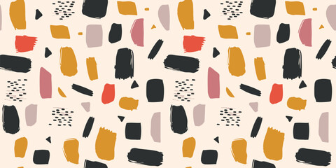 Vector funky pattern with colorful scribble shapes. Kids design seamless texture with hand-drawn brush strokes, paint spots. Modern abstract background for textile. Cute playful repeated design